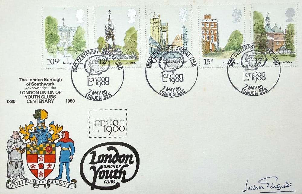 Sir John Gielgud Hand Signed 'London Youth Clubs Centenary' First Day Cover FDC Postmarked 7th May: Sir John Gielgud Hand Signed 'London Youth Clubs Centenary' First Day Cover FDC Postmarked 7th May 1980