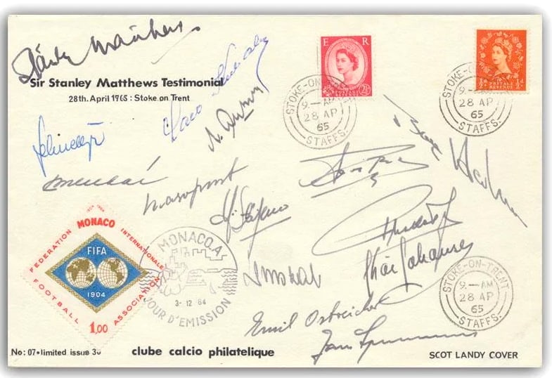 FIFA World Team; Puskas, Di Stefano, Yashin etc. Hand Signed 'Matthews Testimonial', FDC First Day (1 of 1)