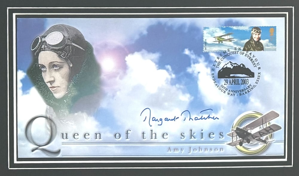 Margaret Thatcher Hand Signed Professionally Framed 'Queen Of The Skies' Amy Johnson First Day Cover: Margaret Thatcher Hand Signed Professionally Framed 'Queen Of The Skies' Amy Johnson First Day Cover FDC. Postmarked 29th April 2003, Limited Edition