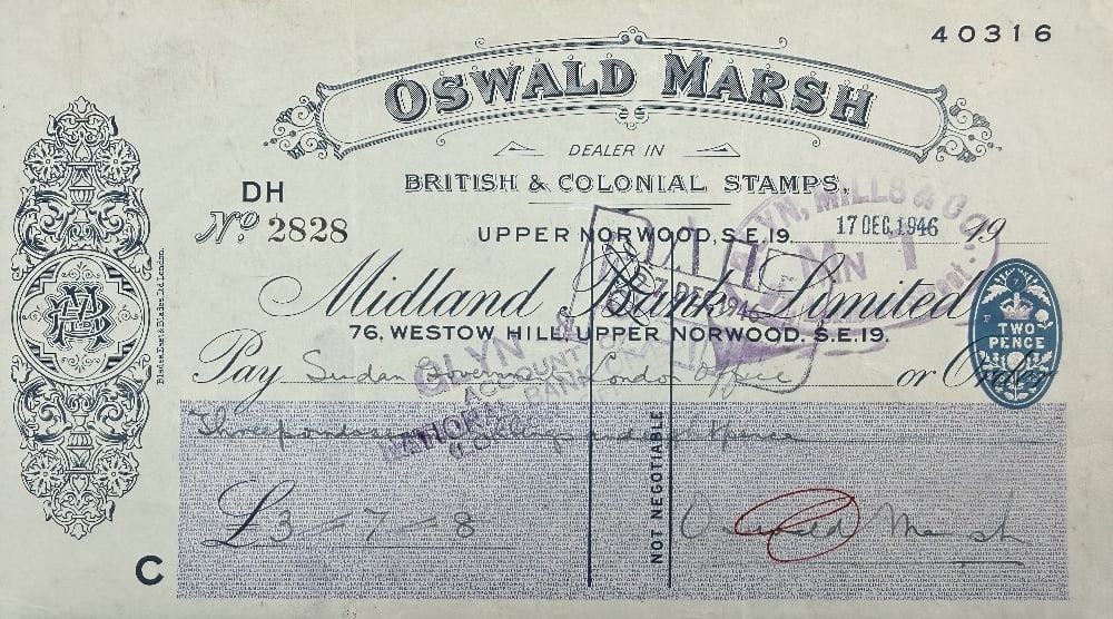 Oswald Marsh Hand Signed 'Sudan Embassy' Bankers Cheque Dated 17th December 1946 (1 of 2)