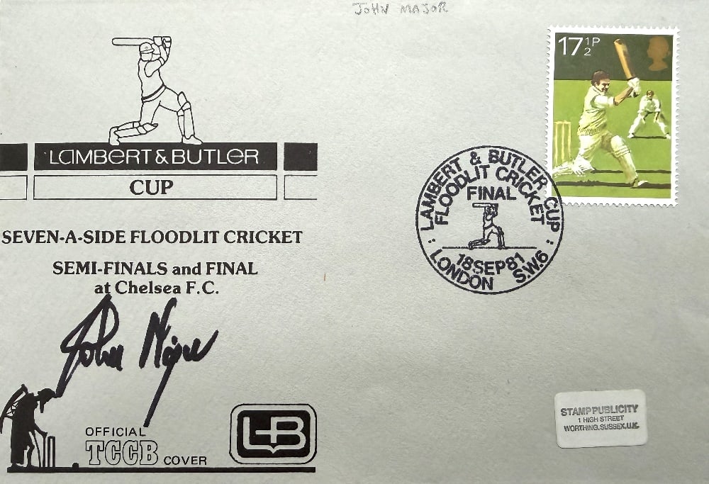 John Major Hand Signed 'Lambert & Butler Floodlit Cricket' First Day Cover FDC. Postmarked 18th: John Major Hand Signed 'Lambert & Butler Floodlit Cricket' First Day Cover FDC. Postmarked 18th September 1981