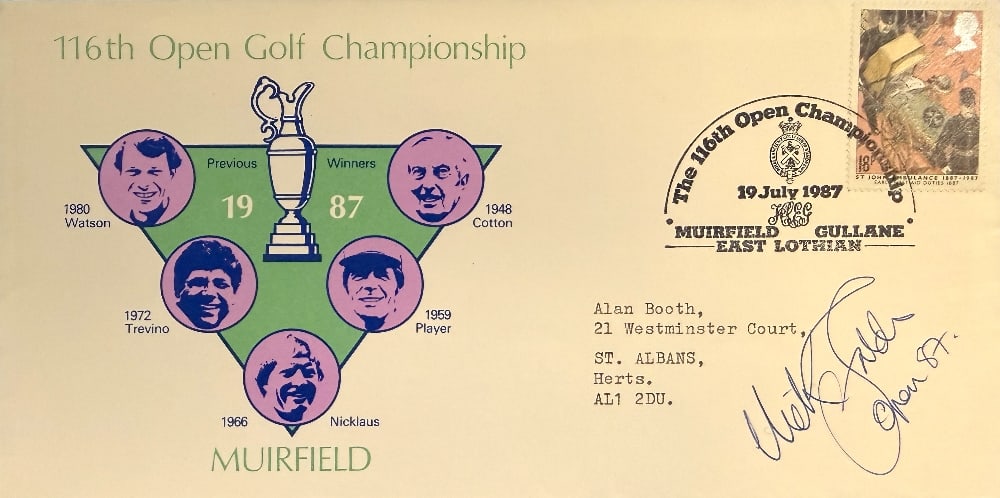 Nick Faldo (Winner) Hand Signed 116th Open Golf FDC First Day Cover Muirfield Postmarked 19th July: Nick Faldo (Winner) Hand Signed 116th Open Golf FDC First Day Cover Muirfield Postmarked 19th July 1987