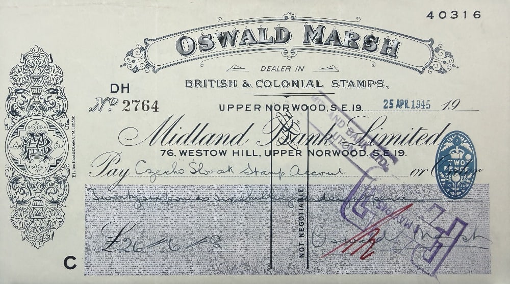 Oswald Marsh Hand Signed 'Czecho-Slovak' (Government In Exile) Bankers Cheque Dated 25th April 1945 (1 of 2)