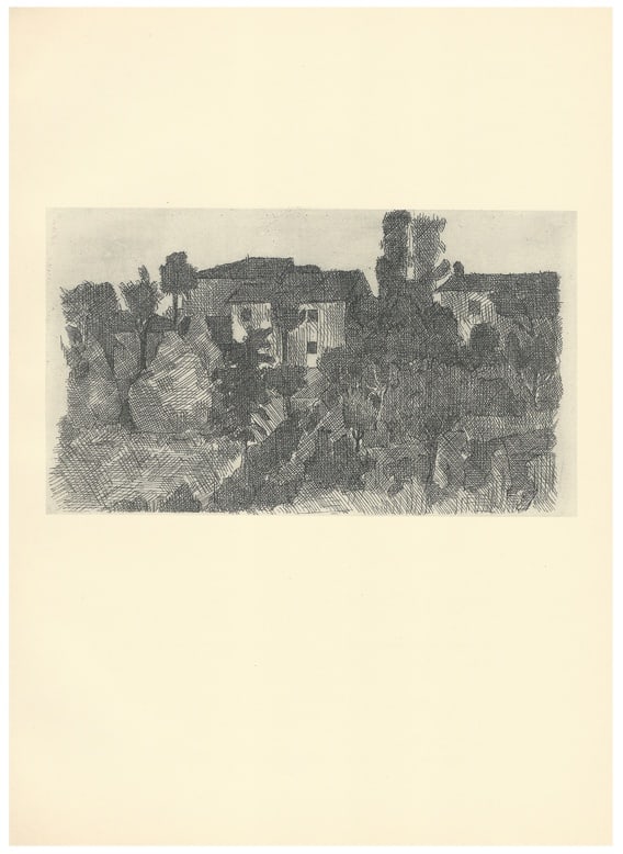 Giorgio Morandi, The Poggio in the Evening, Lithograph: Giorgio Morandi (1890-1964)"Il Poggio di sera" (the Poggio in the evening)Lithograph on paperYear (conceived): 1928 (printed): 1957Size sheet: 392 x 287 mmSize image: 140 x 245 mminto the original