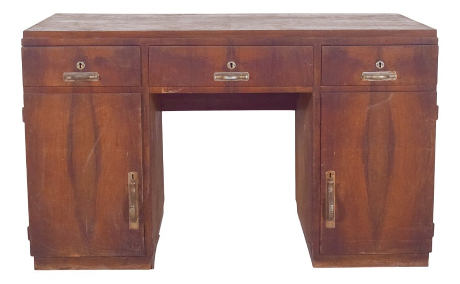Mid-Century Portuguese Desk, 1950s: Portuguese desk from the mid-20th century. Robust and functional, typical of public offices or old offices, the desk has two side columns with three drawers each, totalling six drawers. Above each