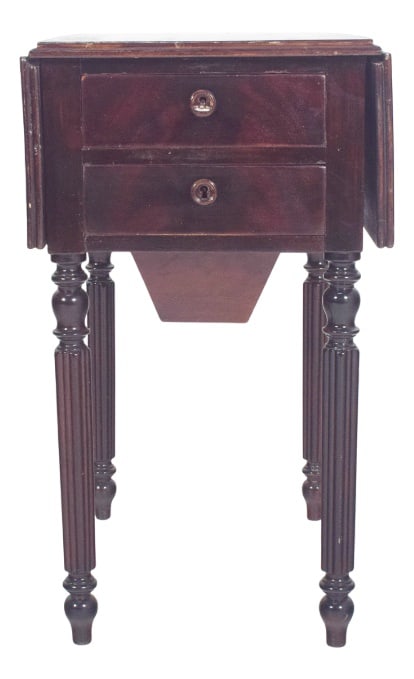 English Rectangular Drop Leaf Side Table, 1890s: Rectangular flap table. The flaps are supported by hinged brackets that extend from the lower structure when open. The base has four turned legs with vertical grooves and carved details at the ends, t