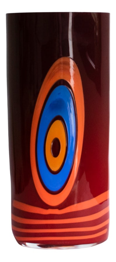 Tramonto in Laguna Vase by Carlo Moretti, 1998: Outstanding original vase by Carlo Moretti, not signed. Inspired by the Venice Lagoon and the thousand refractions of sunset on the water. Shades of red for the last rays. Blue as night draws in. Vase