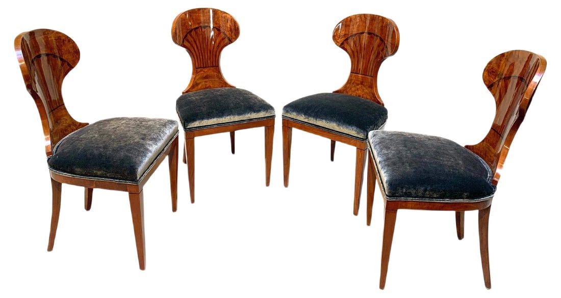 Ballon Chairs in Ash Veneer, Grey Velvet, Set of 4: Set of 4 extraordinary Biedermeier balloon chairs from Austria / Vienna, circa 1900. Ash veneered and solid, inlaid with bog oak and mahogany. Wonderful, balloon-like shape of the backrest. Restored