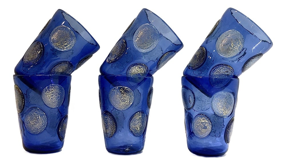 Murano Glass Tequila Set from Ribes Studio, Set of 6: Astonishing drinking set in colored Murano canes made by Angelo Ballarin for Ribes Studio. Gio Ponti glasses are made of canes, arranged perfectly thanks to the skill of Maestro Angelo Ballarin. Our