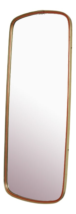 Mid-Century Gold and Red Mirror, 1960s: Mirror in rockabilly style.with rounded shapes and elegant color.The mirror is placed in a gold and red frame.It has a wall mount for hanging on the wall.The surface of the mirror has two small