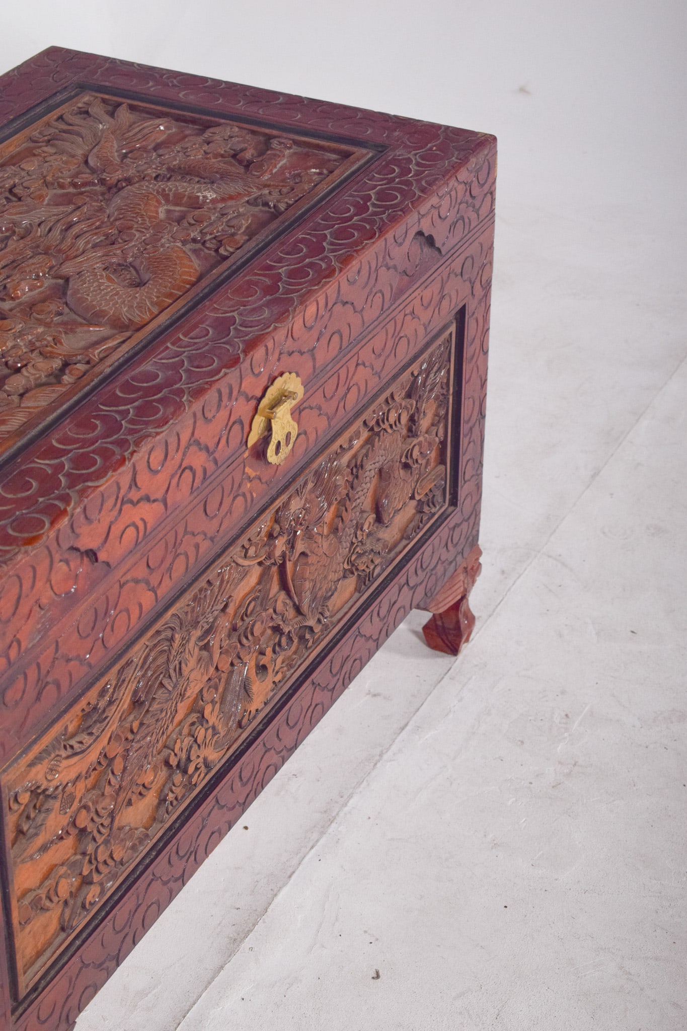 Antique Painted Oriental Carved Chest - 10