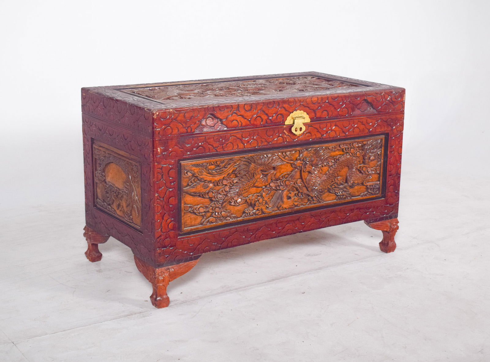 Antique Painted Oriental Carved Chest - 3