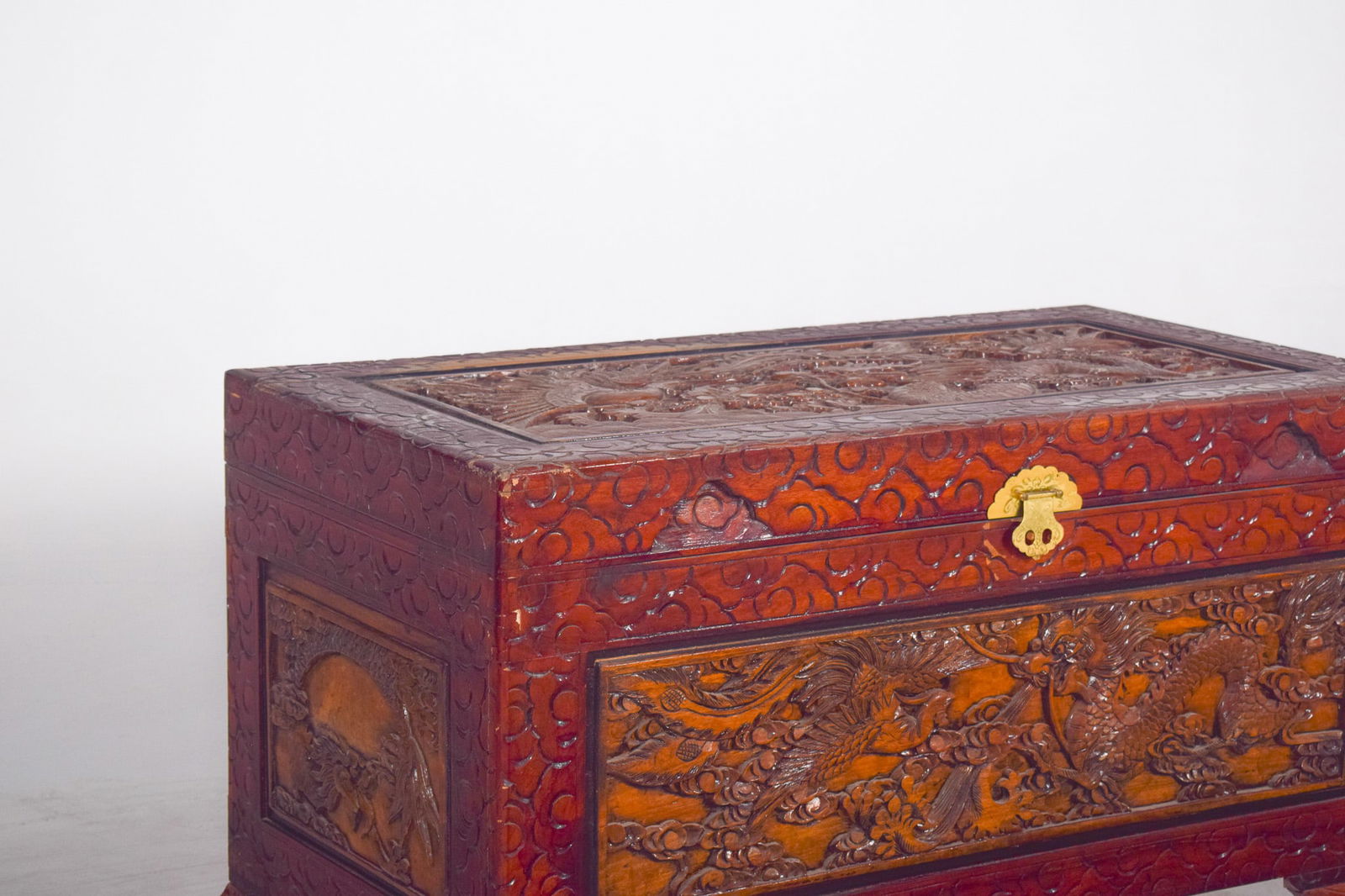 Antique Painted Oriental Carved Chest - 4