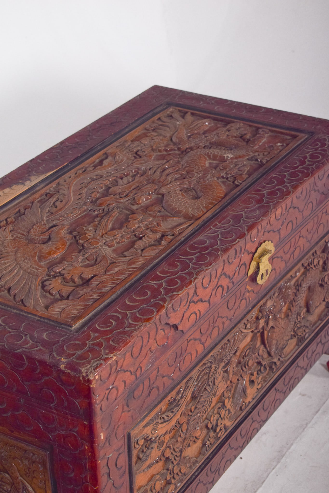 Antique Painted Oriental Carved Chest - 7