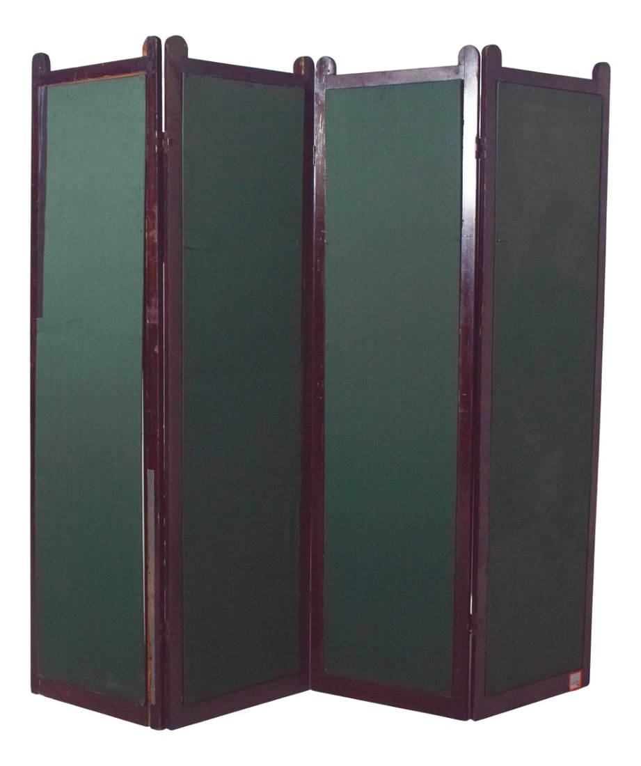 Wooden Folding Screen with Green Fabric Panels, 1950: This Portuguese folding screen, crafted in wood and upholstered with green fabric, is a versatile and elegant decorative piece. Its classic four-panel structure, joined by hinges, allows it to be