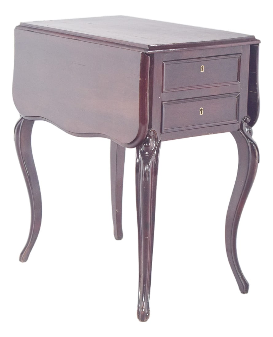 English Potty Table with Flaps, 1890s: Potty table with flaps. In dark wood, with a folding top and two drawers at the front. The structure consists of four curved legs, with notches at the upper joints. The interior reveals its original