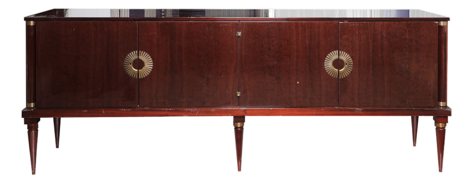 Mid-Century Mahogany Sideboard with Brass Accents: Sideboard with mahogany veneers and beautiful brass accents. Higly polished. Ring for front left leg can be taken from center leg behind. Key is missing Country of Manufacture: Sweden Design Period: 1