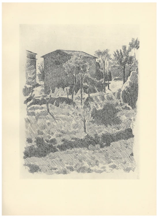 Morandi, Poggio in the Morning, 1957, Lithograph: Lithograph printed by Ars Italiae, conceived in 1927 and printed in 1957 under the supervision and approval of the artist, after Morandi’s original etching. Sheet: 392 × 287 mm; image: 279