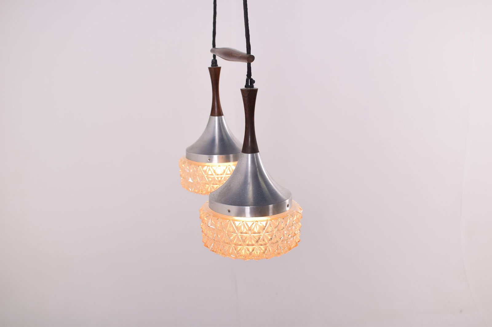 Mid-Century Rosewood, Metal and Glass Dual Pendant Lamp - 3