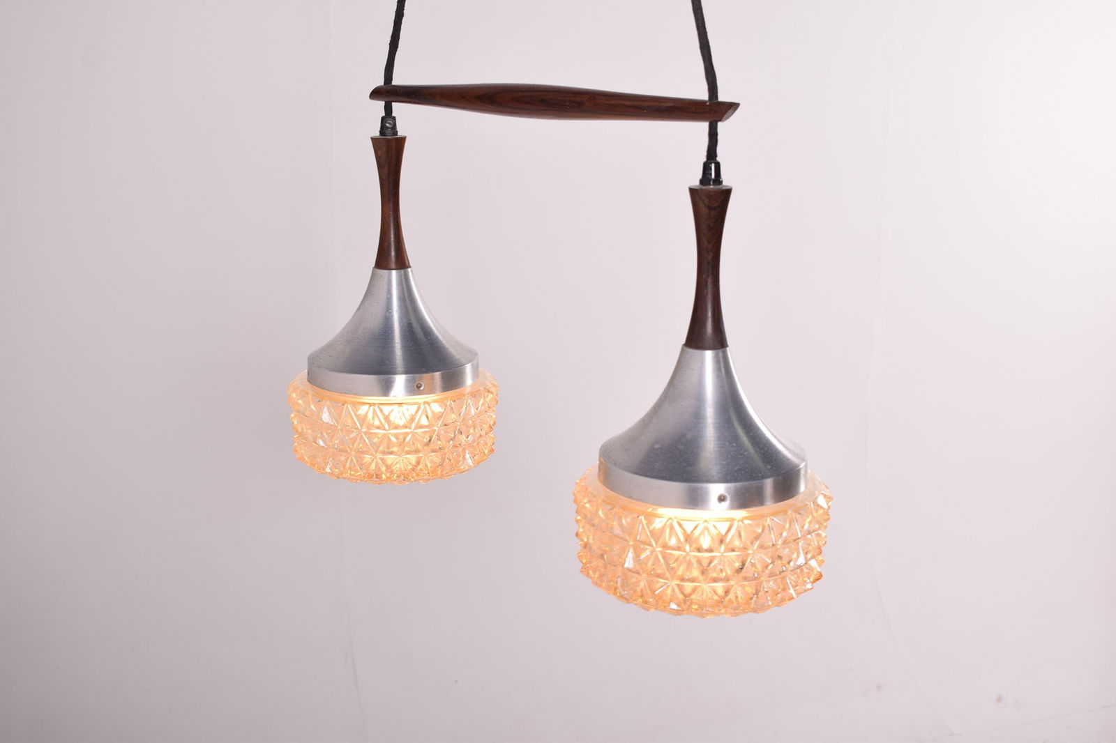 Mid-Century Rosewood, Metal and Glass Dual Pendant Lamp - 5