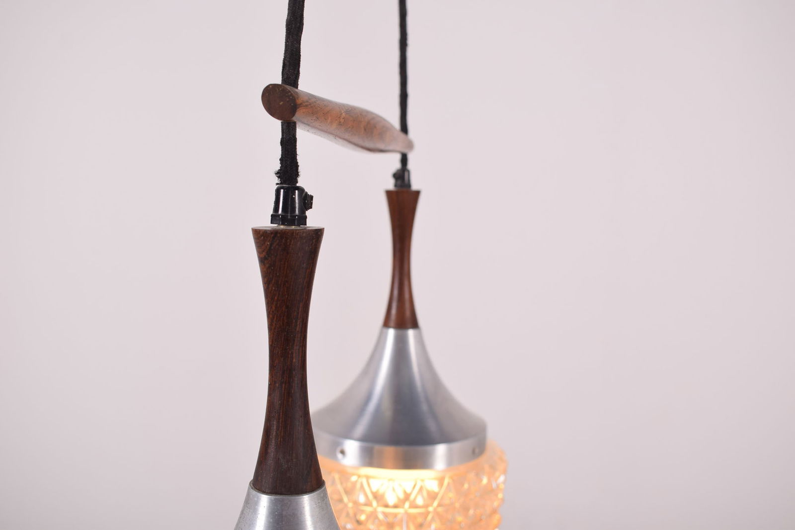 Mid-Century Rosewood, Metal and Glass Dual Pendant Lamp - 8