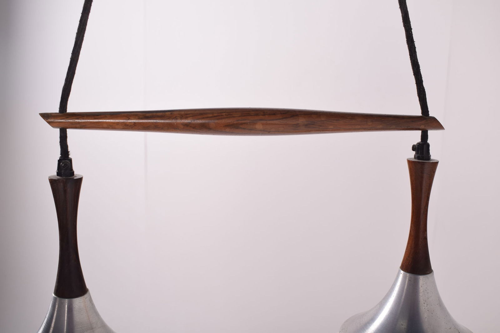 Mid-Century Rosewood, Metal and Glass Dual Pendant Lamp - 9