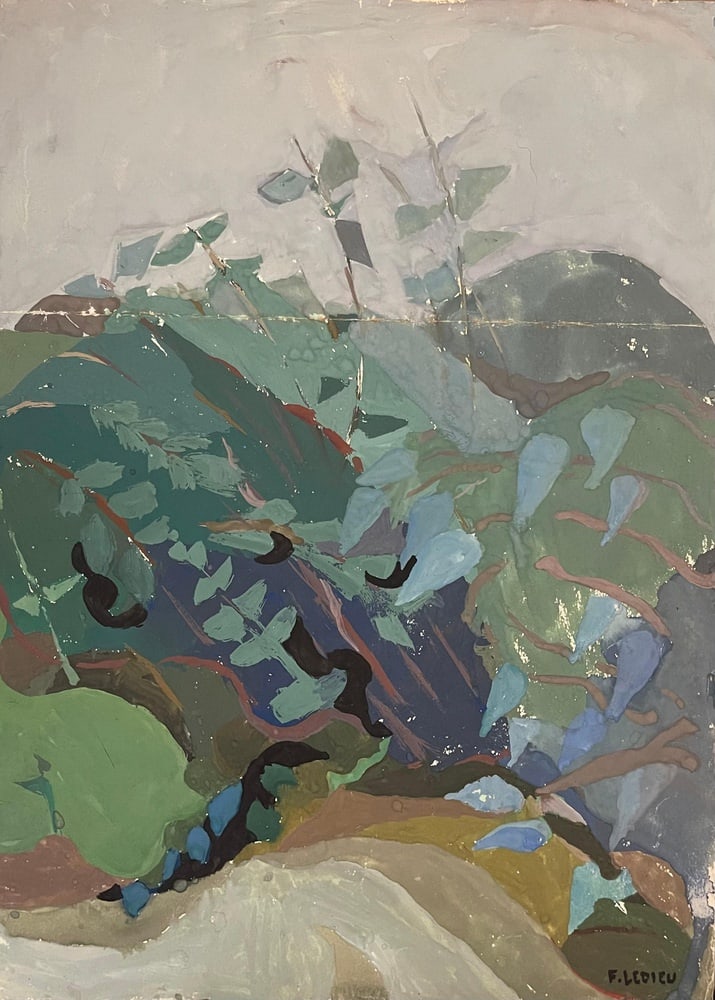 Francine Ledieu, Landscape, 1965, Gouache on Paper: Gouache on paper Francine Ledieu is a French artist born in 1931 who lives and works in Paris, France. In the 50s, she was a student of Maurice Rocher who specialized in Sacred art. In the