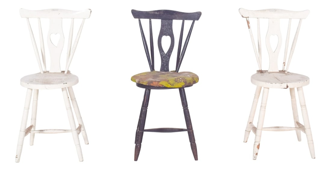 Portuguese Three Chairs with Codtail Backs, Set of 3: Three chairs with codtail backs. Painted wood, with cut-out backs and a hollowed-out ‘heart’ silhouette, evoking a popular, rustic style, possibly of Scandinavian or Central European
