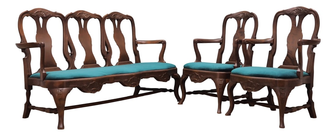 Chippendale Living Room Set, 1970s, Set of 3: The Chippendale style living room set from the 1970s, Danish production.The structure was made of walnut wood. Wood after refreshing. The armchair has undergone upholstery restoration, the sponges