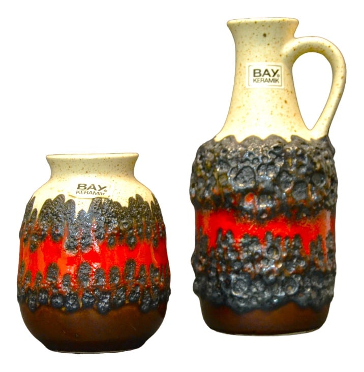 Lawa Vases from Bay Keramik, 1970s, Set of 2: Vase with ear height 21cm ,Vase smaller height 12 cm. Country of Manufacture: Germany Design Period: 1970 to 1979 Production Period: 1970 to 1979 Detailed Condition: Excellent — This