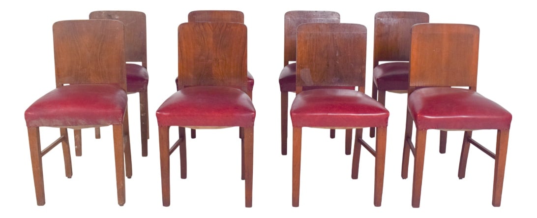 Art Deco Portuguese Dining Chairs, 1940s, Set of 8: Set of eight Deco-style dining chairs. Sober lines and a sturdy wooden frame, they have a functional, modern-inspired design, highlighted by a slightly curved back in solid wood and a seat