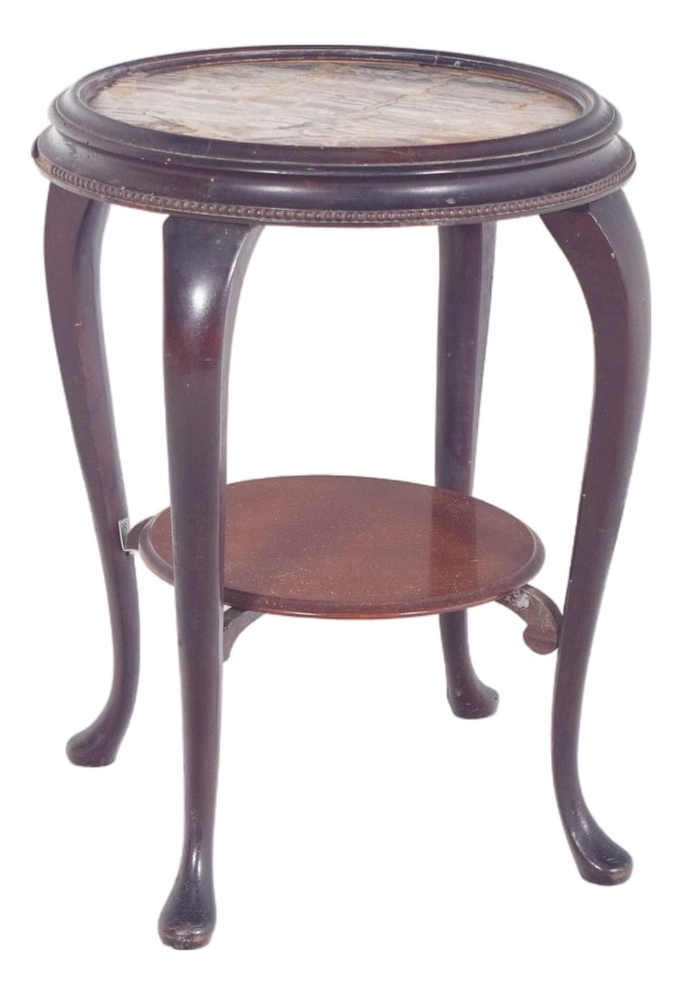 Louis XV Style Round Side Table, 1890s: Round coffee table. In turned wood and marble top, surrounded by a curved edge with a carved frieze below. The legs are curved, gently extending towards the floor and have simple finials. Country of