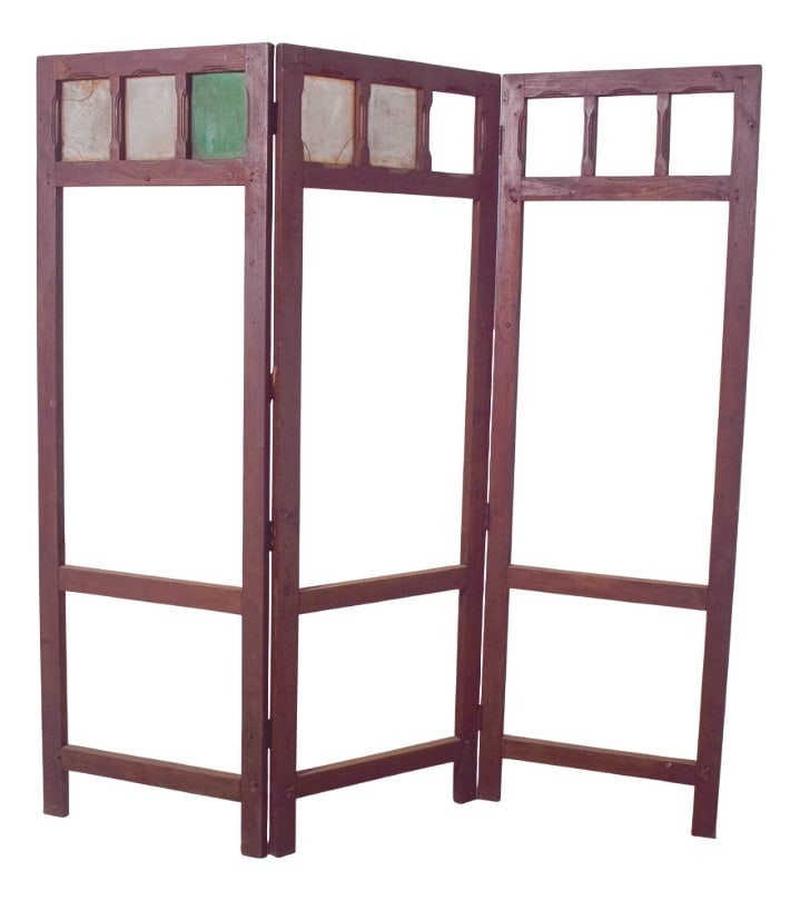 Wooden Folding Screen Frame with Panels, 1950: This Portuguese wooden folding screen features three hinged panels with an open-frame design, allowing flexibility for customization or decorative use. The upper sections are adorned with small inset
