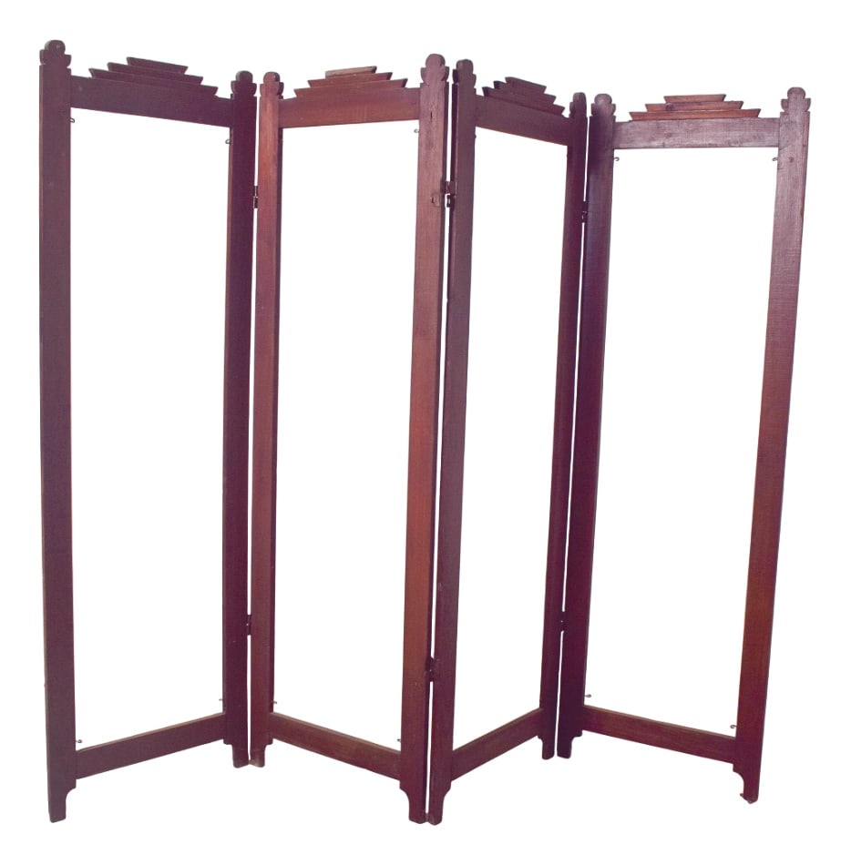 Art Deco Portuguese Wooden Folding Screen Frame, 1930: This Portuguese Art Deco folding screen frame, crafted in wood, showcases the elegance and geometry characteristic of the 1920s–30s design movement. Composed of four hinged panels, the frame