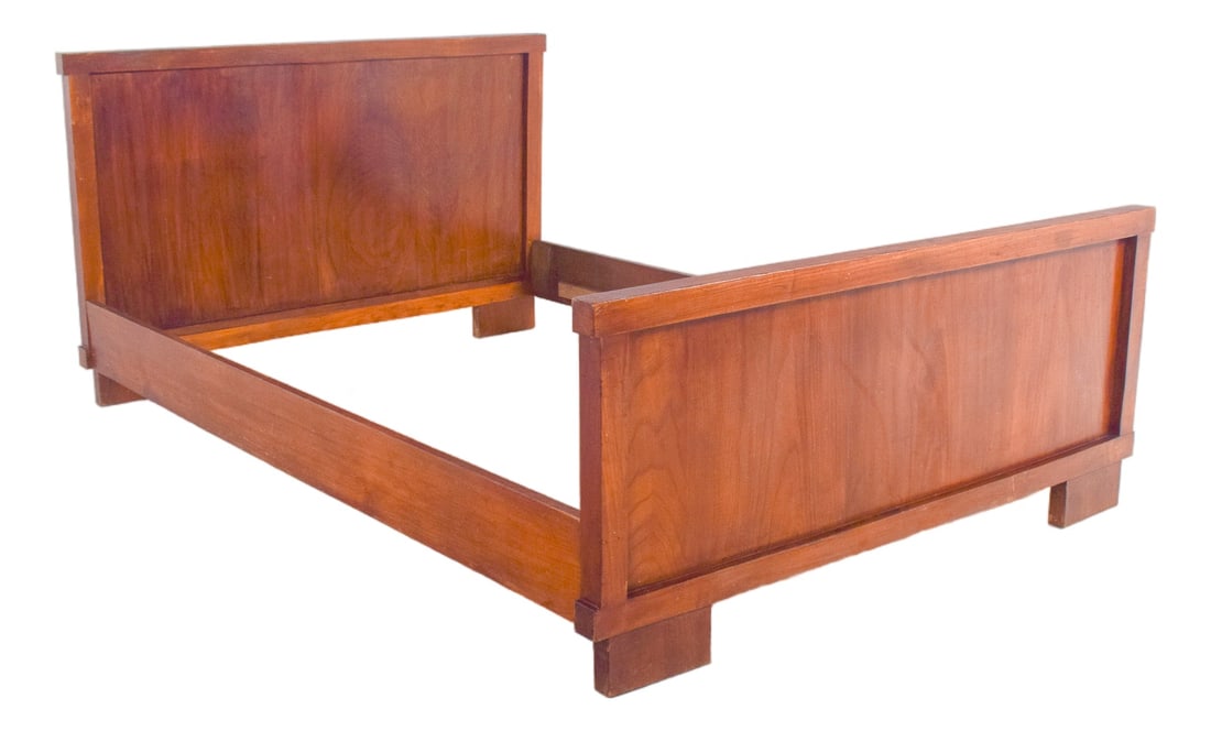 Mid-Century Modern Portuguese Wooden Bed Frame, 1950: This is a Portuguese wooden bed frame from the 1950s, showcasing the simplicity and elegance of mid-century design. Crafted from solid wood, it features a warm, rich finish that highlights the