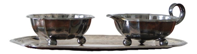 Milk and Sugar Set by Nils Johan for Prima N S, 1950: An exquisite set consisting of a sugar bowl, a creamer and a tray. Creamer and sugar bowl is an essential duet of every tableware.Scandinavian modern set of sophisticated shapes and colors. The