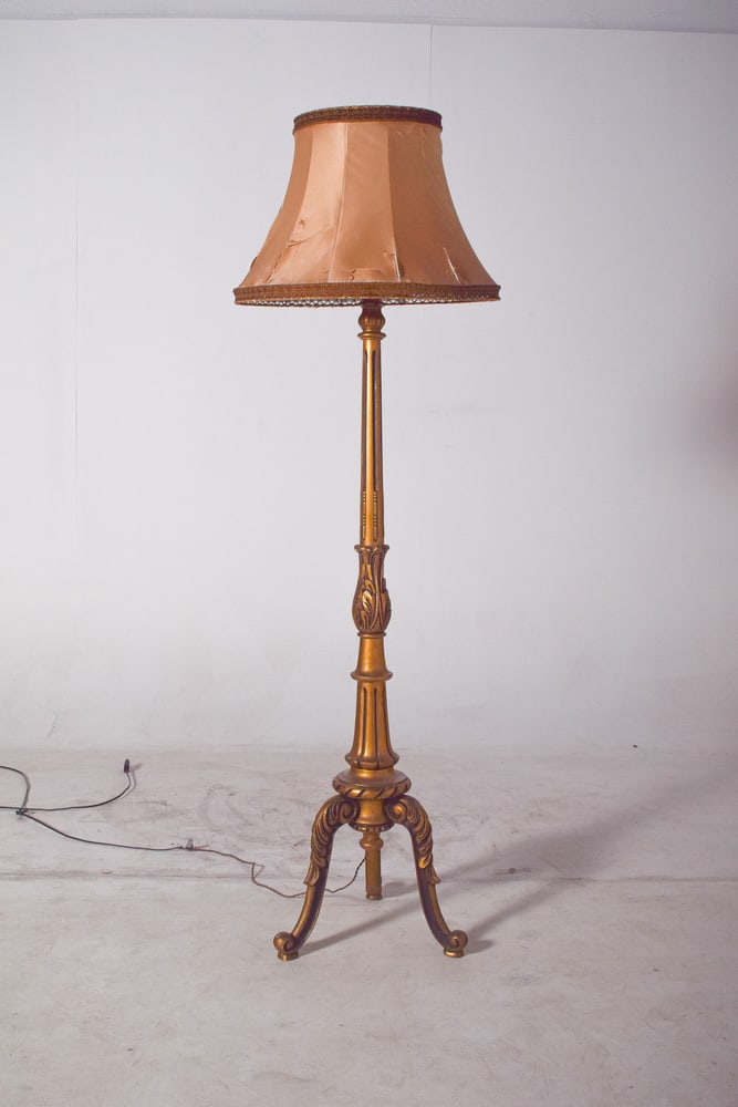 Gilded Wooden Floor Lamp with Fabric Lampshade, 1890 - 4
