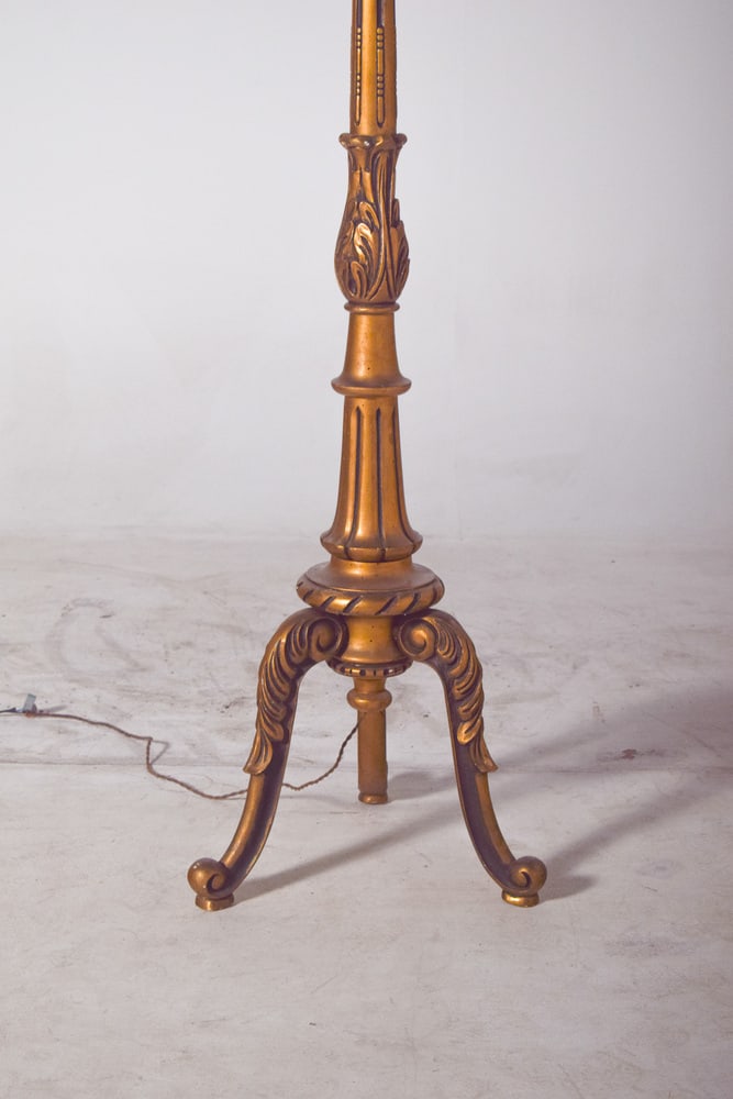 Gilded Wooden Floor Lamp with Fabric Lampshade, 1890 - 5