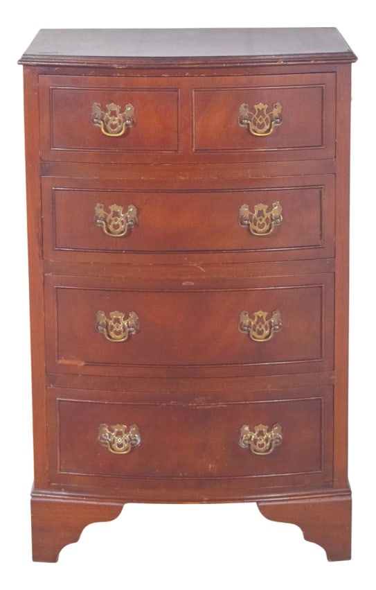 Portuguese Bedside Table with Drawers, 1980s: Bedside table with five drawers. Two small drawers are at the top next to the worktop, the three larger ones below, in a classic, balanced design. The furniture has a curved front, finished in a