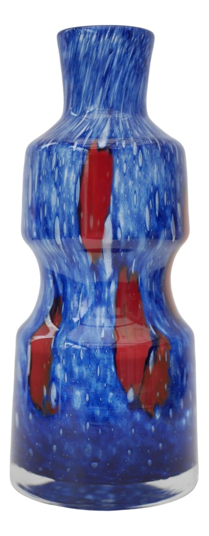 Blue Glass Art Vase from Prachen Glass Works: Stunning, iridescent blue glass 'Flora' vase with red details. Made by Frantisek Koudelka for Prachen, Czech Republic, 1970s. This is a rare piece.from the Mid-Century but has a Bohemian design with