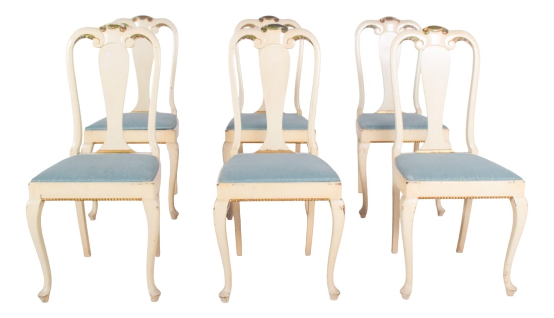 Portuguese White Painted Wood Chairs, 1890s, Set of 6: Six wooden chairs painted white. This set of six chairs displays a classic, romantic style influenced by French design. The white-painted wooden frames with hints of green on the backs and a light pat