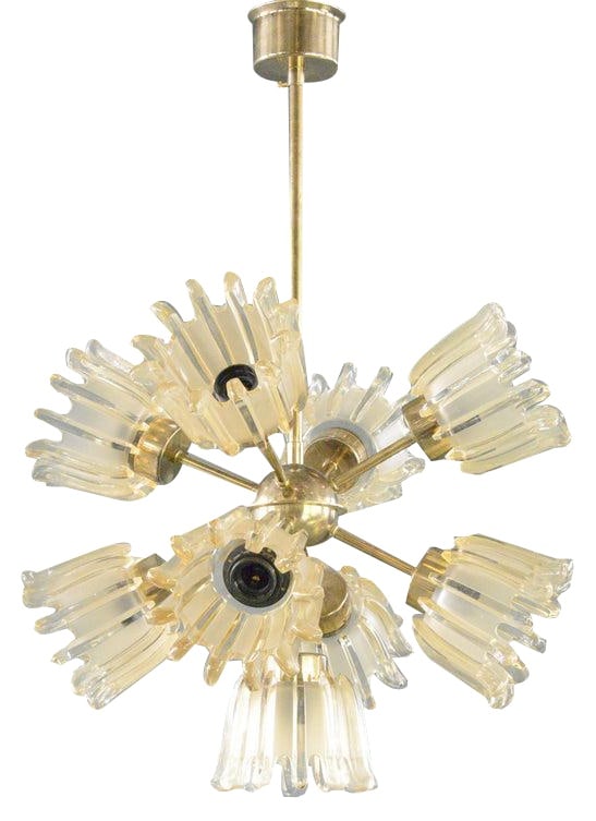 Mid-Century Chandelier by Leclaire & Schäfer, 1960s: Mid Century Chandelier By Leclaire & Schäfer Circa 1960s Brass body with heavy moulded glass shades - Takes 9x E27 fitting bulbs - Produced by Leclaire & Schäfer, Neheim - German ~