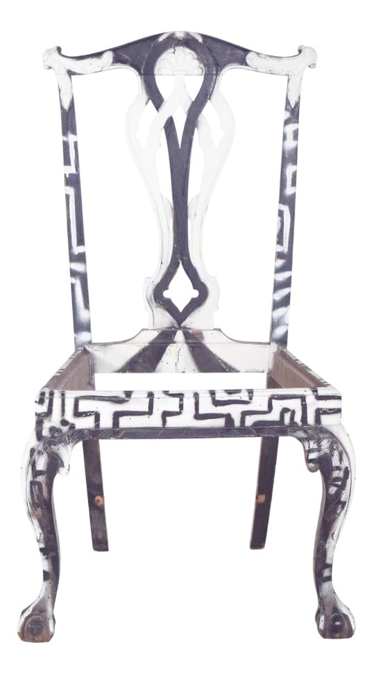 Black and White Painted Chair by Francisco Camilo: Dining chair painted black and white. Reinterpreted with a contemporary artistic intervention that radically transforms its original look. The structure, with its cut-out backrest and claw-shaped fron