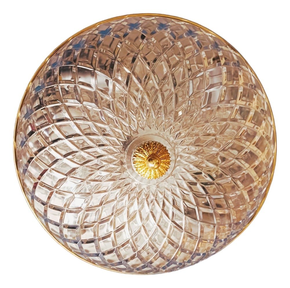 Ceiling Light in Gold-Plated Brass and Crystal, 1990s: SCIOLARI Large 1920s Art Deco style ceiling lamp. Gilded brass and precious cut crystal. Handcrafted in Rome, Italy. Diameter 28 cm, height from ceiling 21 cm. Country of Manufacture: Italy Design Per