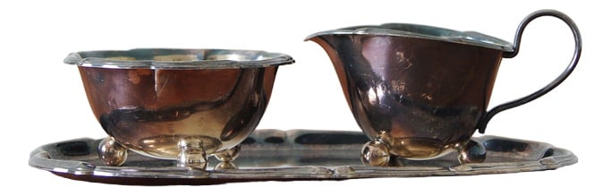 Milk and Sugar Set on Tray from WMF, Set of 3: Exquisite set consisting of sugar bowl creamer and trayMade by the world-renowned WMF (Württembergische Metallwaren fabrik), a German tableware manufacturer founded in 1853 in Geislingen an der