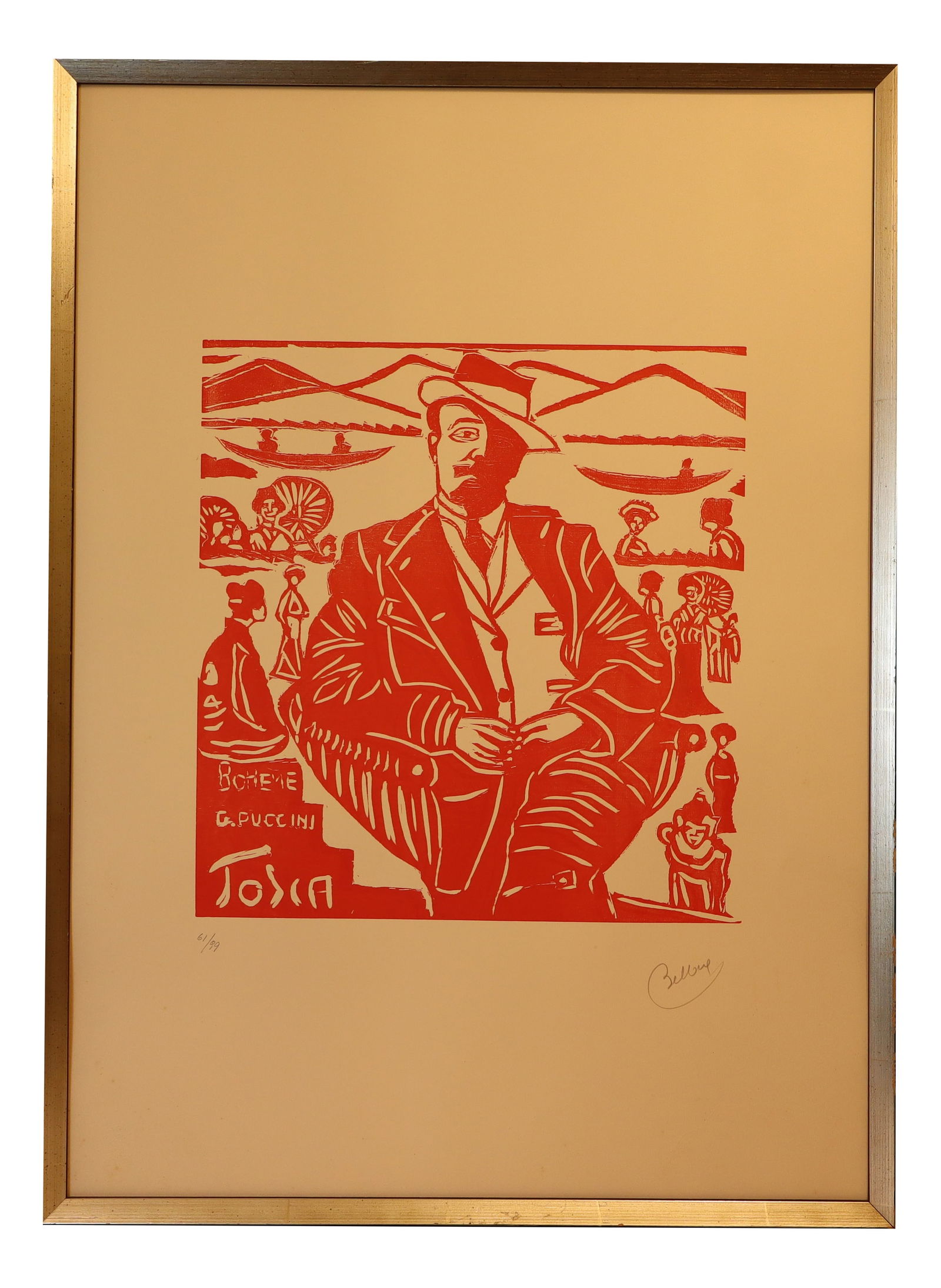 Bellora, Puccini's Tosca Bohème, Lithograph, Framed: Red monochrome lithograph on ivory paper, 70x50 cm. Print 61/99. Elio Bellora, an artist from Lucca, worked in the 1970s on a series of allegorical portraits depicting great Italian and, more often,