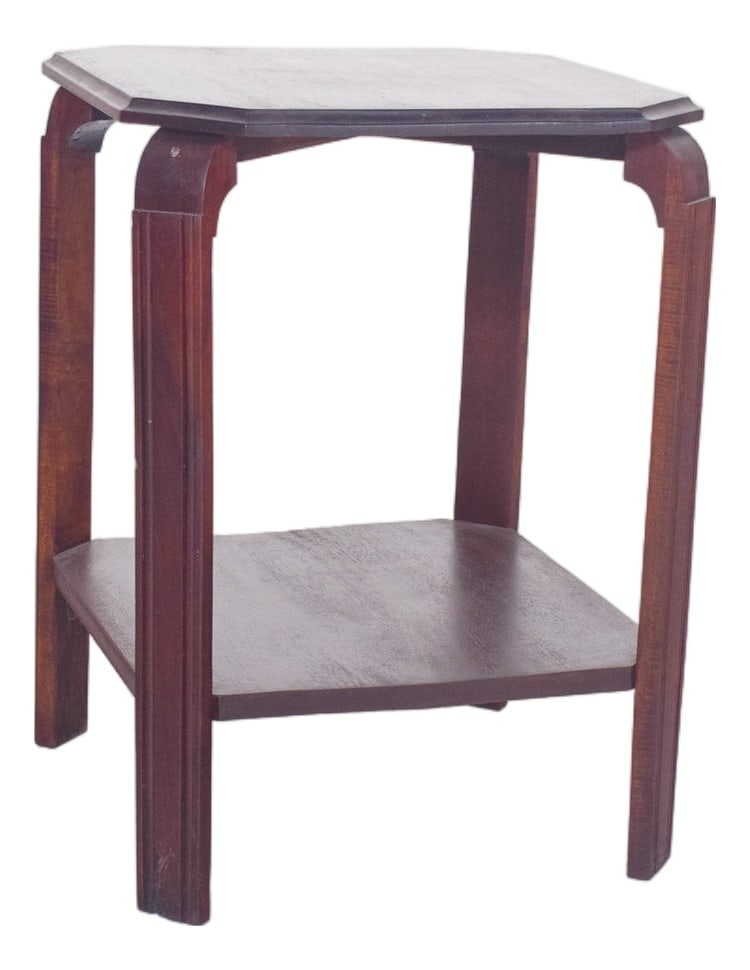 Art Deco Mahogany Side Table, 1930s: Deco style coffee table. With an octagonal-shaped top, it is made up of four vertical legs with a rectangular section, with a slight decorative indentation in the upper inner part of each leg. The leg