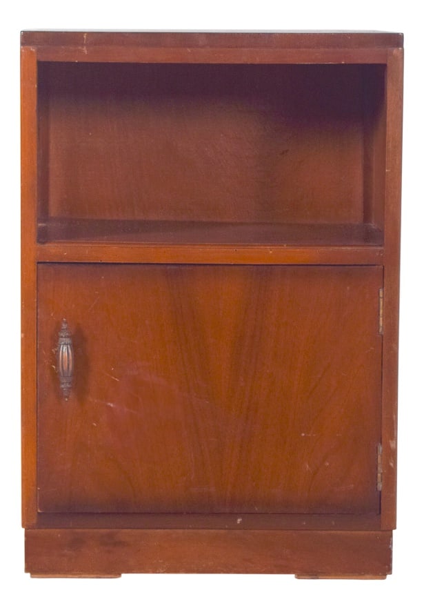 Vintage Portuguese Bedside Table, 1920: Bedside table with one door. Its cubic and compact structure emphasises simple and practical geometry, evoking a modernist aesthetic that favours the rational use of space. The decorated metal handle