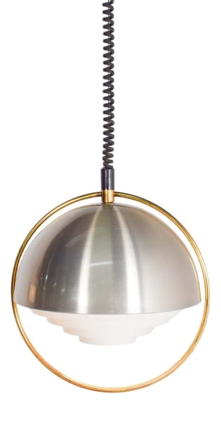 Mid-Century Space Age Pendant Light, Denmark, 1970s: Pendant Light space age from 1970s. This pendant light consists of a half globe made of aluminium with white metal louvre and surrounded by a golden metal hoop. Designed and produced in Denmark circa