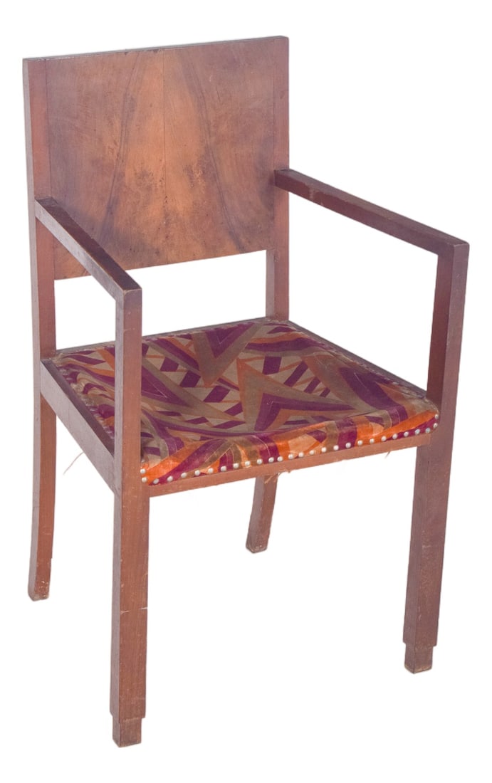 Vintage Armchair with Fabric Upholstery, 1970: Armchair with fabric upholstery. Robust structure with straight lines and a simple finish, harking back to the functional design of the mid-20th century. The flat, wide backrest shows off the natural